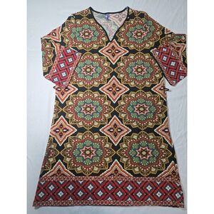 70s inspired Boho‎ Medallion Print Tunic Dress Size 2X V Neck 3/4 Sleeve USA